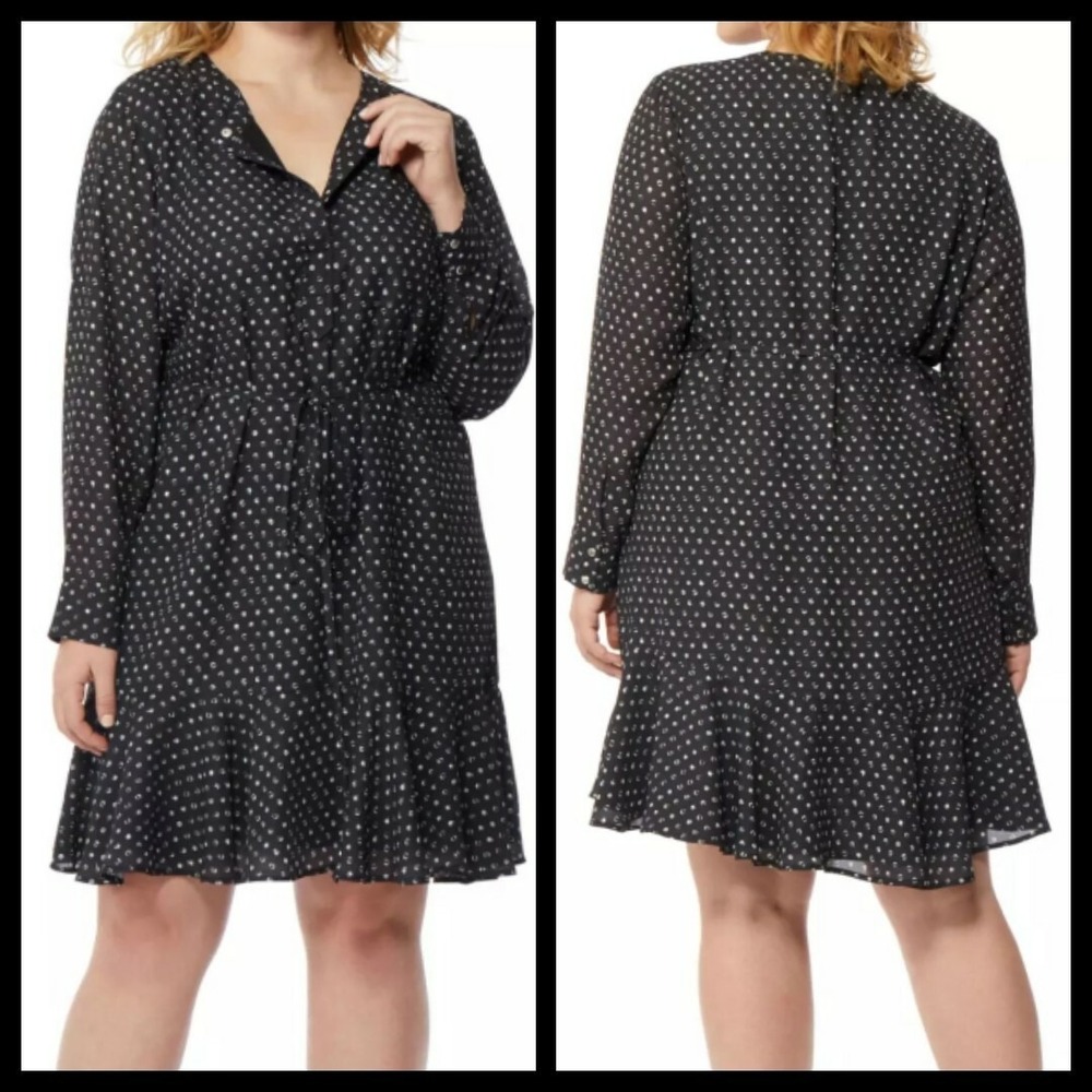 Rebel Wilson X Angels Size 0X Black Long‎ Sleeve Polka Dot Ruffle Hem Dress